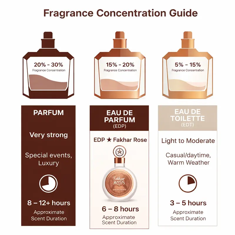 Fragrance concentration guide comparing parfum, eau de parfum, and eau de toilette levels