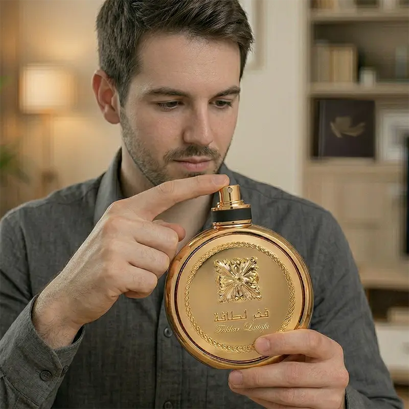 Close up view of the gold spray nozzle on the Lattafa Fakhar perfume bottle.