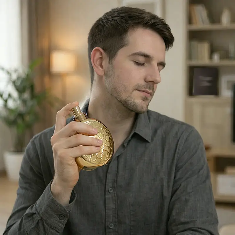 Lifestyle image showing a man applying Lattafa Fakhar Perfume Extrait Gold in a daily setting.