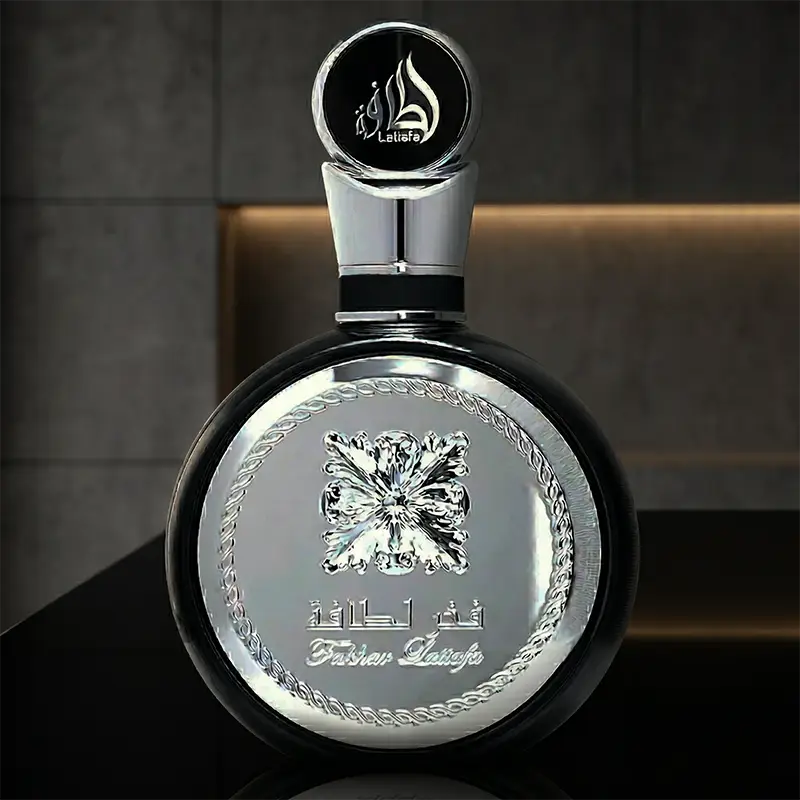Close-up front view of Lattafa Fakhar Eau de Parfum bottle with silver emblem
