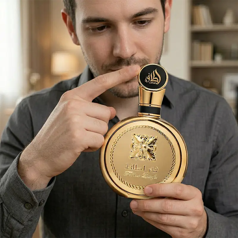 Front showcase of the Lattafa Fakhar Perfume Extrait Gold highlighting the brand logo and name.