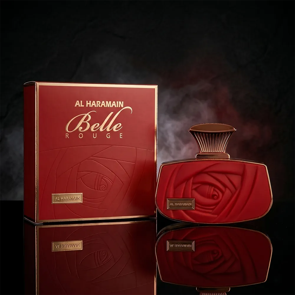 Al Haramain Belle Rouge 75ml EDP for women displayed with premium packaging on a sleek reflective surface.
