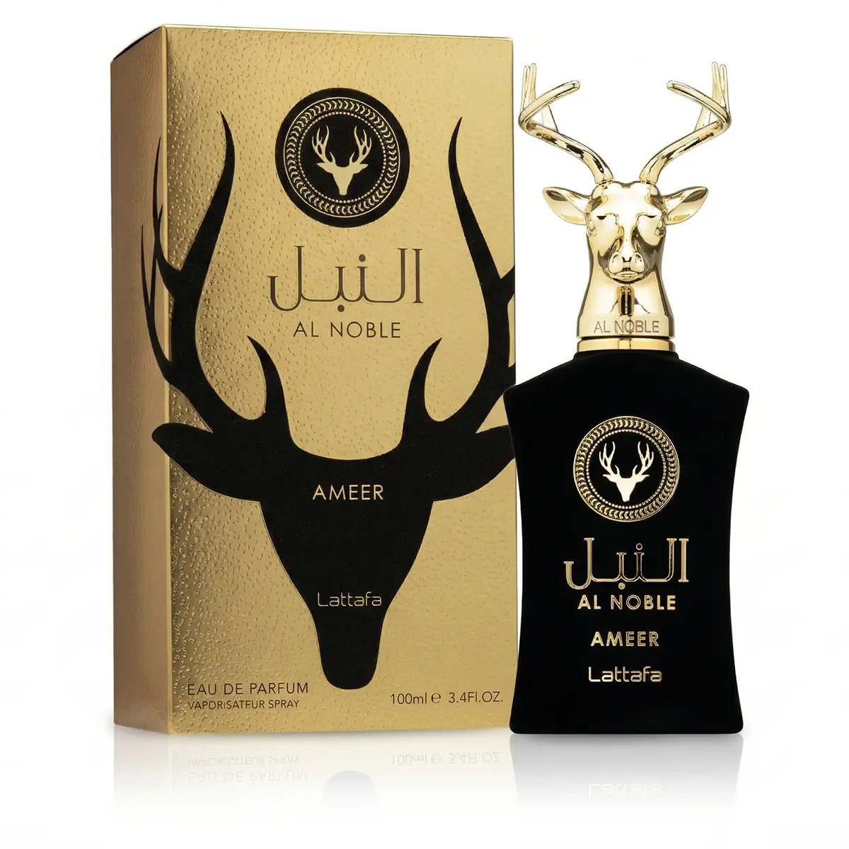 Complete set of Lattafa Al Noble Ameer featuring the black velvet bottle with gold deer head cap next to its premium gold box.