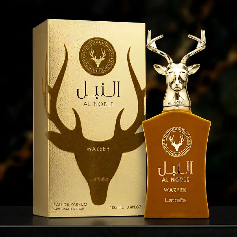 Front view of Al Noble Wazeer perfume bottle with its signature gold deer cap and velvet-textured box.