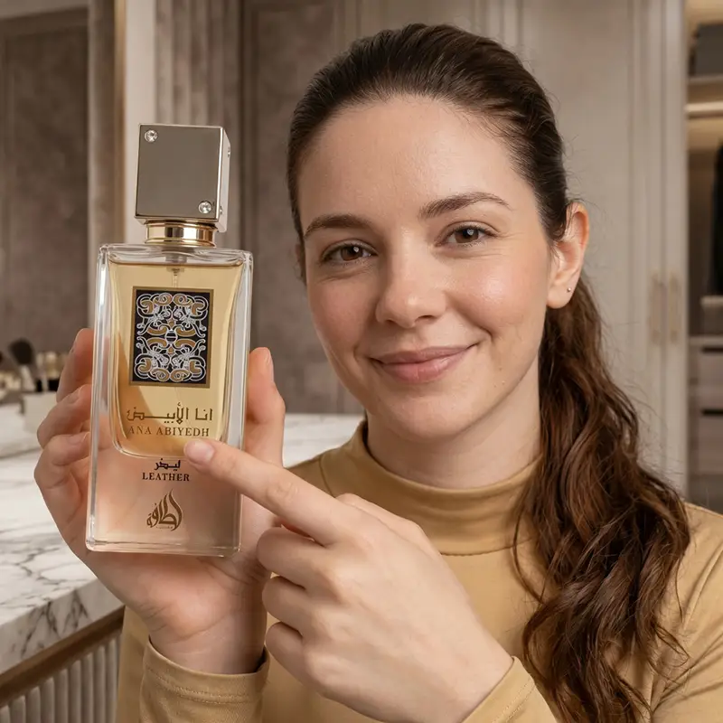 Smiling woman holding and pointing to the label of Lattafa Ana Abiyedh Leather unisex EDP 60ml bottle.