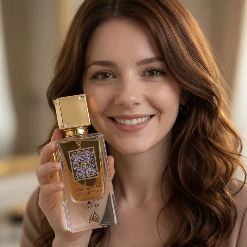 Close-up portrait of a woman smiling and holding the Lattafa Ana Abiyedh Leather unisex EDP 60ml fragrance bottle.
