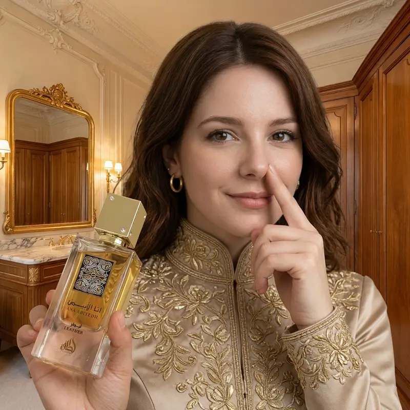 Woman testing the aroma of Lattafa Ana Abiyedh Leather unisex EDP, touching her nose while holding the bottle.