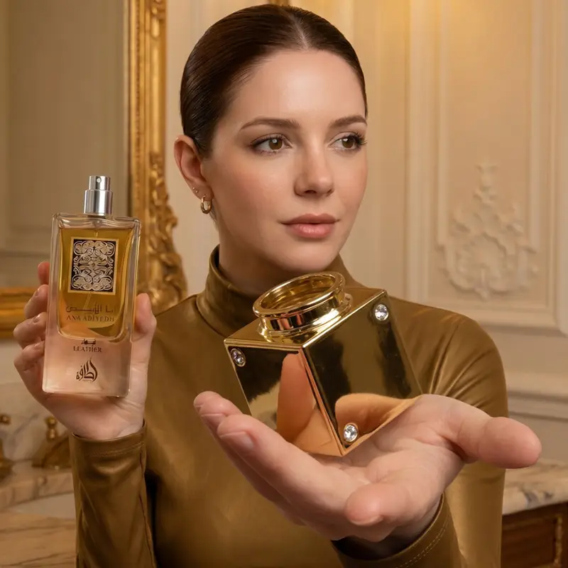 Woman holding Lattafa Ana Abiyedh Leather unisex EDP bottle and its separate golden cap, showcasing details.