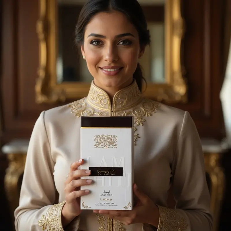 A woman in an ornate golden dress holding the Lattafa Ana Abiyedh Leather unisex EDP packaging box in a luxury setting.