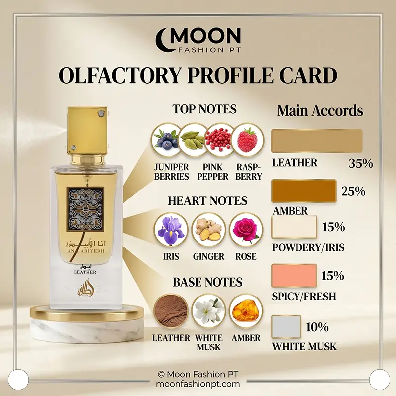 Ana Abiyedh Leather olfactory profile card displaying top, heart, base notes and main accords chart.