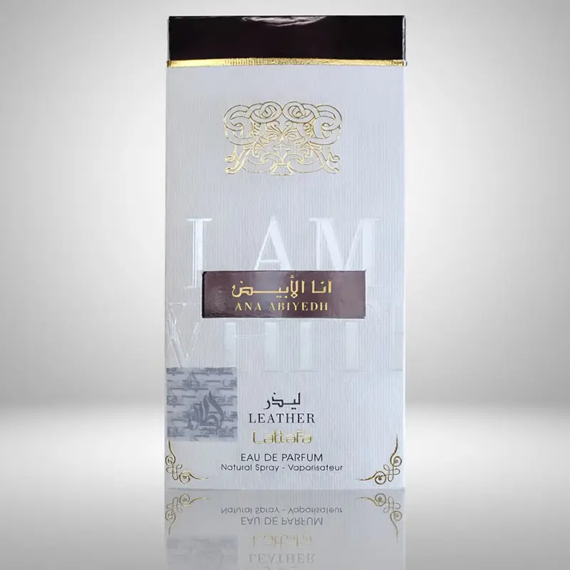 The premium white and gold presentation box for Lattafa Ana Abiyedh Leather unisex Eau de Parfum.