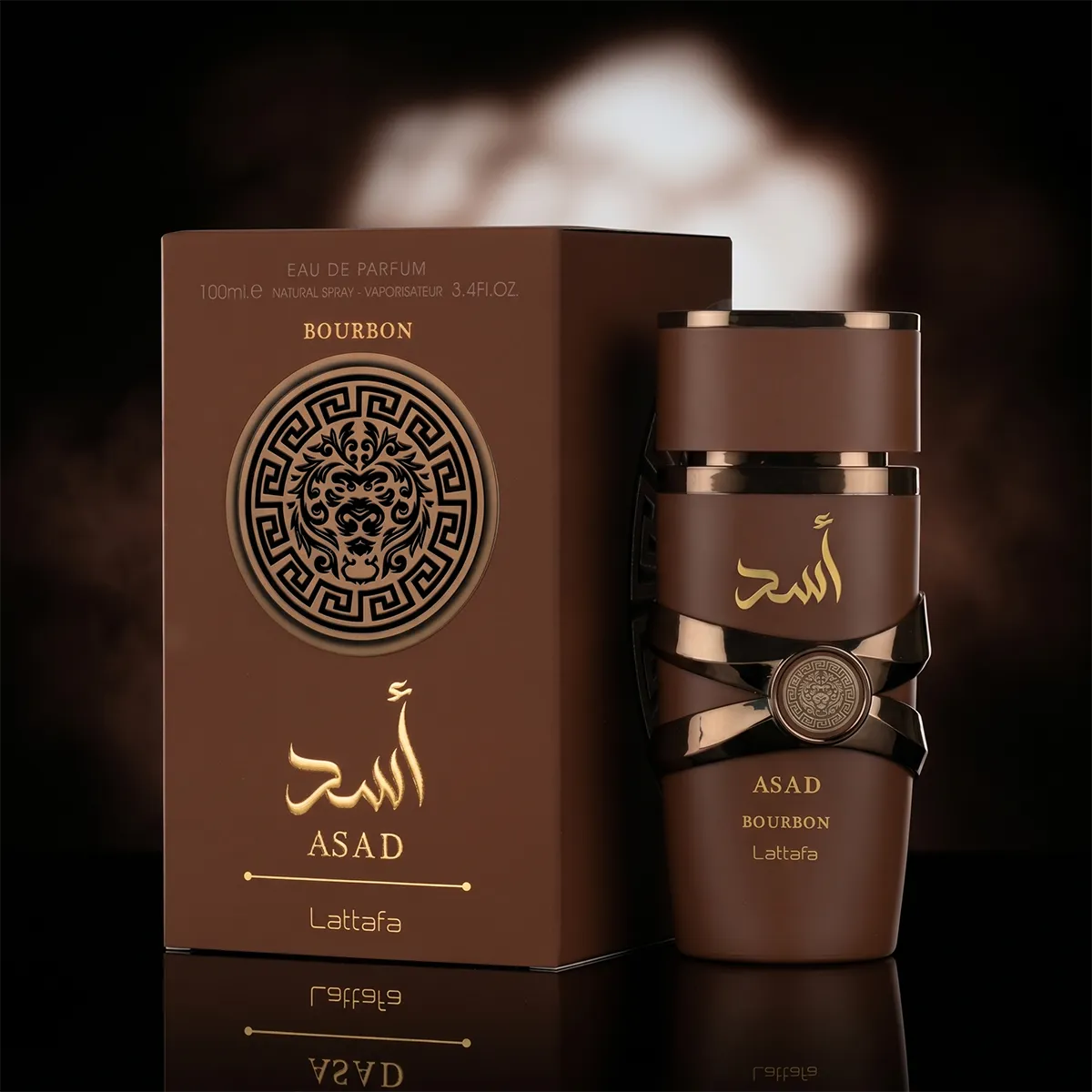 Full product set of Lattafa Asad Bourbon unisex fragrance including the 100ml bottle and luxury outer box.