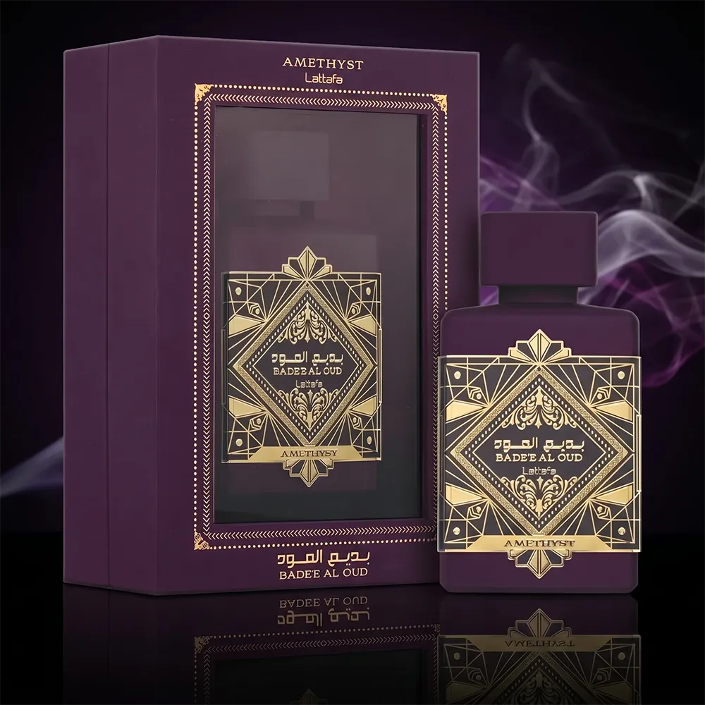 Lattafa Amethyst unisex fragrance set with original bottle and luxury box against a smokey purple background.