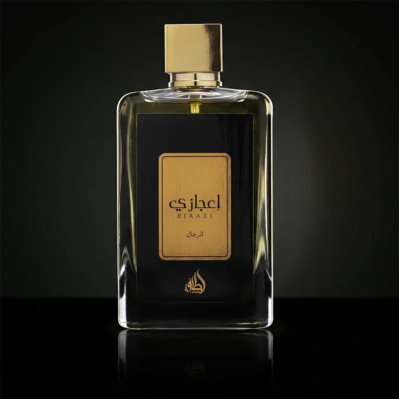 Lattafa Ejaazi for men eau de parfum 100ml bottle featuring luxury gold cap and amber woody fragrance notes.