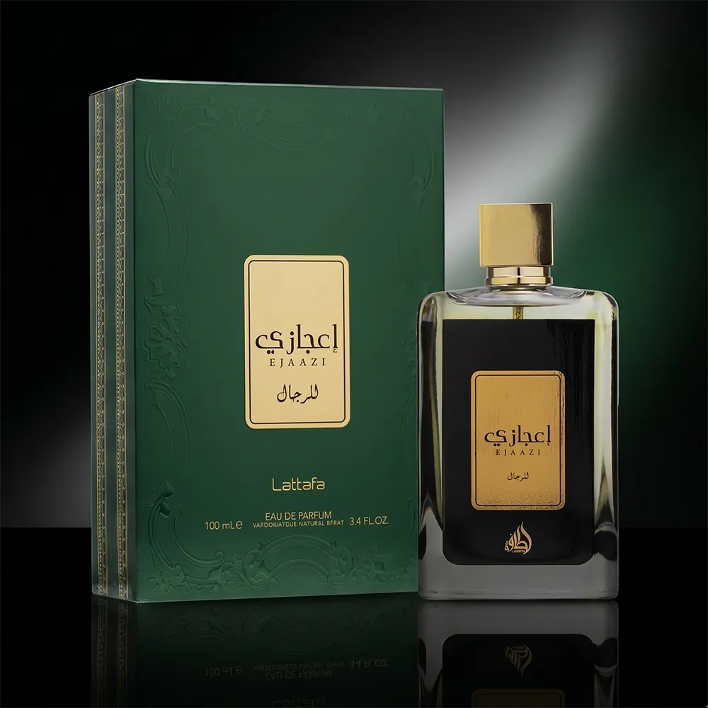 Lattafa Ejaazi men's amber fragrance set featuring the 100ml spray bottle and designer box on luxury black background.
