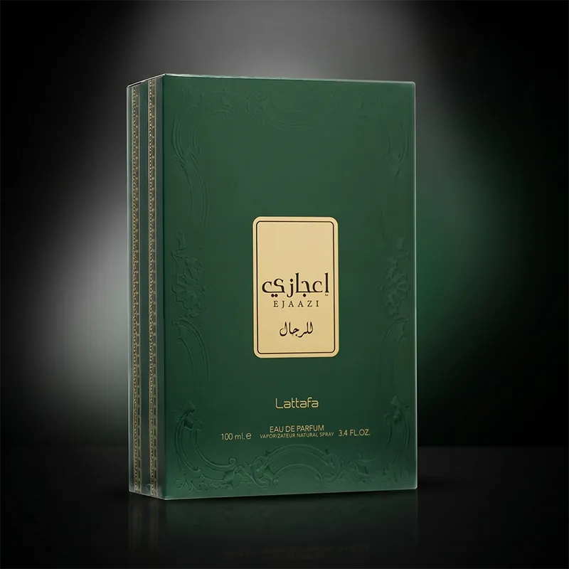 Luxury green and gold embossed packaging box for Lattafa Ejaazi men's perfume showing authentic retail design.