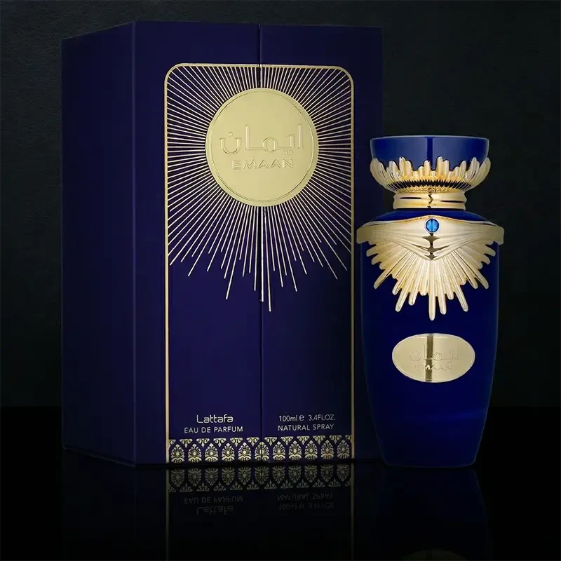 Hero shot of Lattafa Emaan 100ml EDP bottle and box, showcasing the blue velvet and Chypre Floral notes.