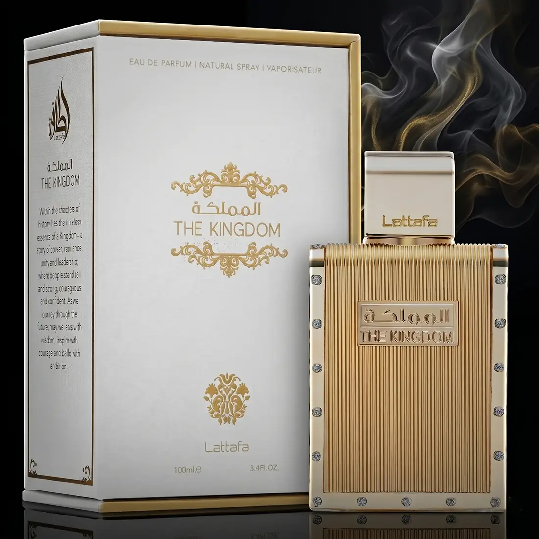 Complete Lattafa The Kingdom Men set featuring the 100ml bottle and authentic luxury box packaging.