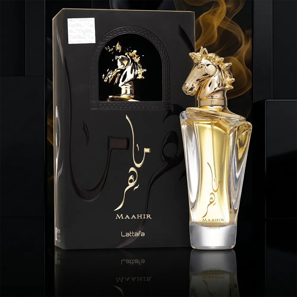 Original Lattafa Maahir unisex eau de parfum 100ml bottle standing next to its luxury display box with gold horse cap.