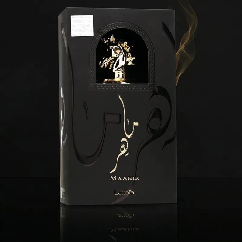 Premium black and gold packaging of Lattafa Maahir unisex perfume with official holographic seal for authenticity.