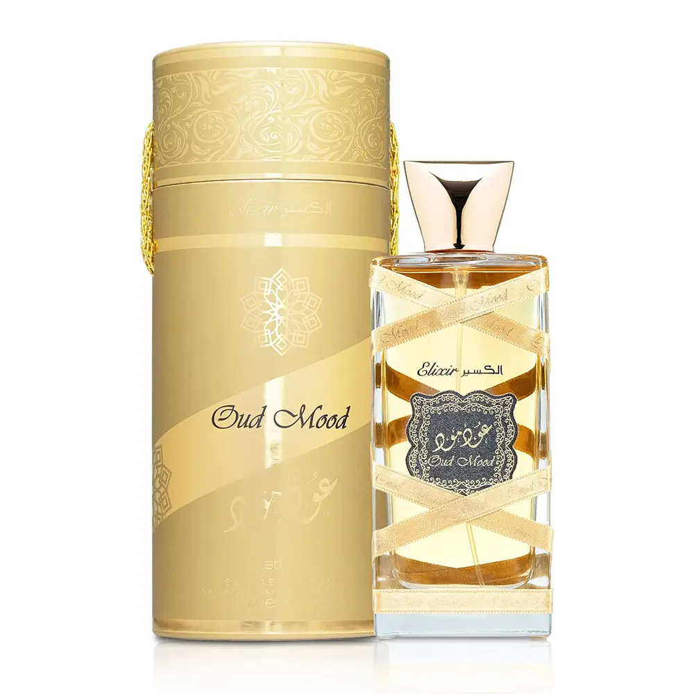 Lattafa Oud Mood Elixir perfume for women shown with its luxury gold cylindrical packaging box.