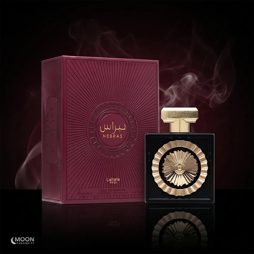 Hero shot of Lattafa Pride Nebras unisex 3.4 fl oz perfume with premium packaging and atmospheric smoke.