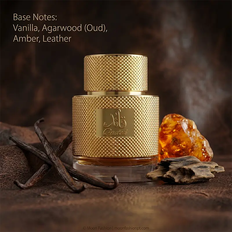 Base notes of Lattafa Qaa'ed EDP: vanilla, agarwood (oud), amber, and leather for long-lasting wear.