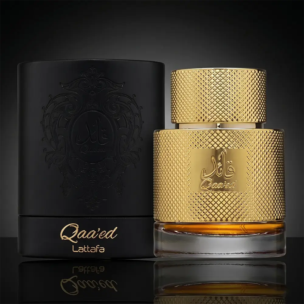 Full product presentation of Lattafa Qaa'ed unisex perfume bottle with its matching luxury box.