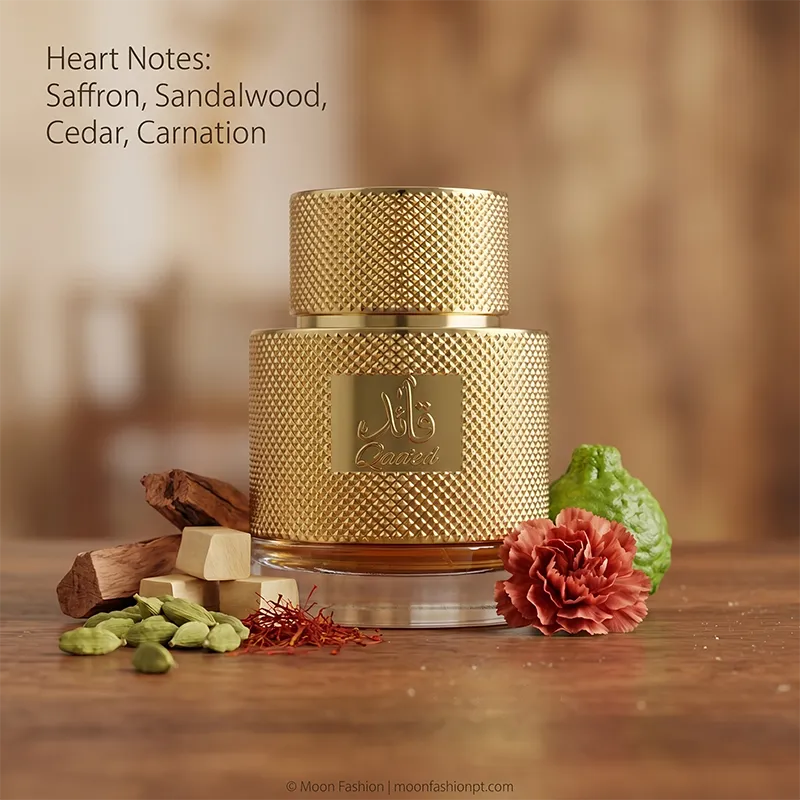 Heart notes of Lattafa Qaa'ed unisex perfume featuring saffron, sandalwood, cedar, and carnation.