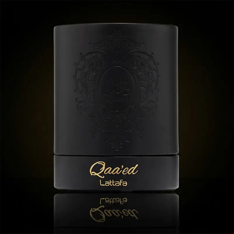 Elegant matte black and gold outer packaging box for Lattafa Qaa'ed 100ml unisex fragrance.