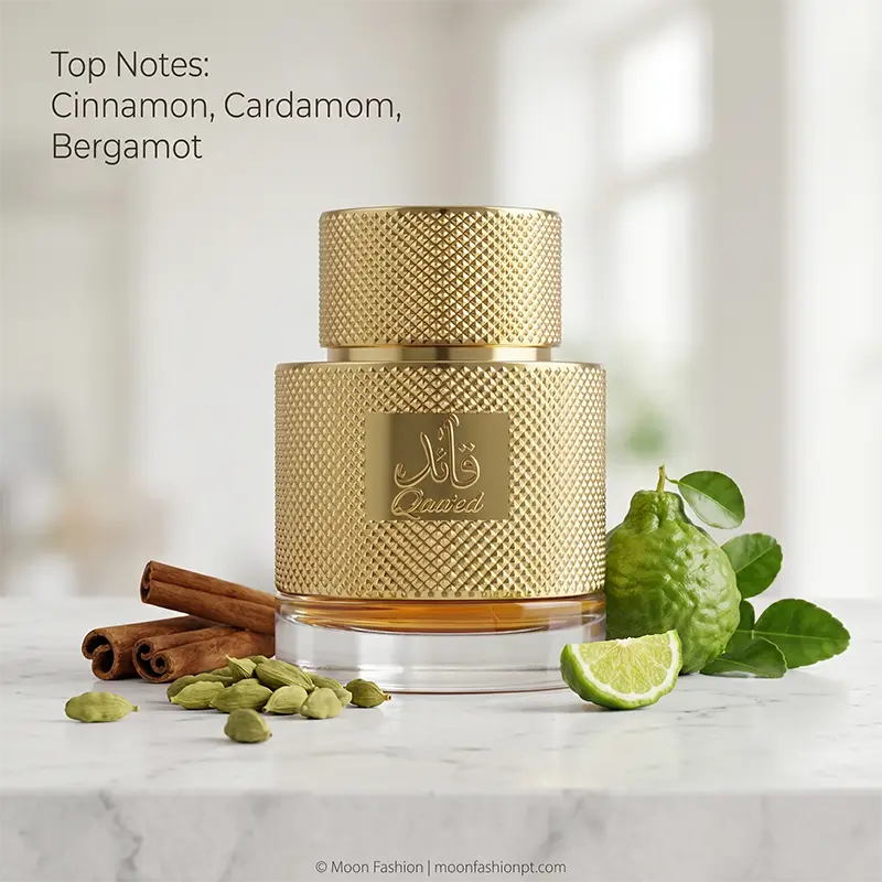 Top notes of Lattafa Qaa'ed amber fragrance for men and women: cinnamon, cardamom, and bergamot.