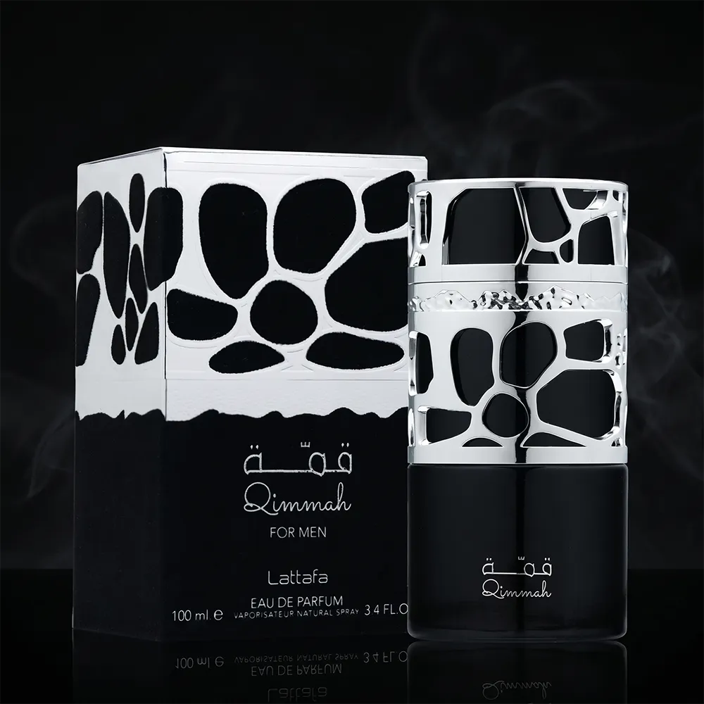 Lattafa Qimmah for Men set with bottle and box, showcasing the premium woody and citrus scent profile.