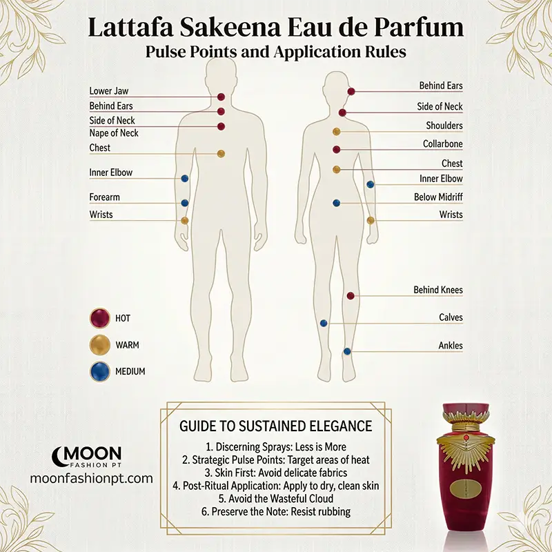 nfographic chart showing correct perfume pulse points and application rules for women.