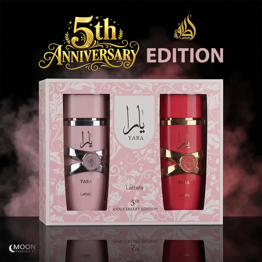 Limited edition 5th anniversary gift set for women featuring Lattafa Yara and Yara Candy Eau de Parfum duo.