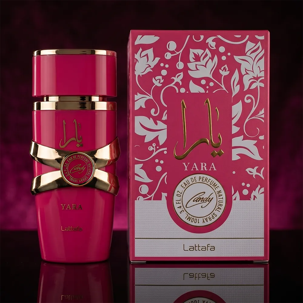 Lattafa Yara Candy women's perfume 100ml EDP set featuring the pink bottle and decorative Arabic floral packaging box.