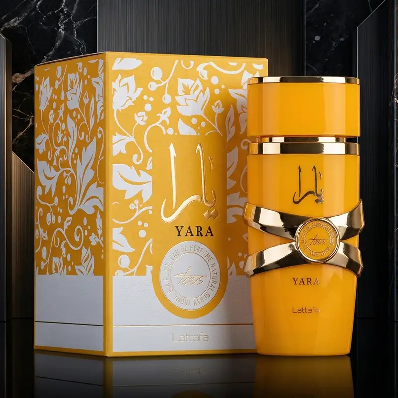 Lattafa Yara Tous perfume for women, 100ml yellow bottle with gold accents and decorative floral box set for European market