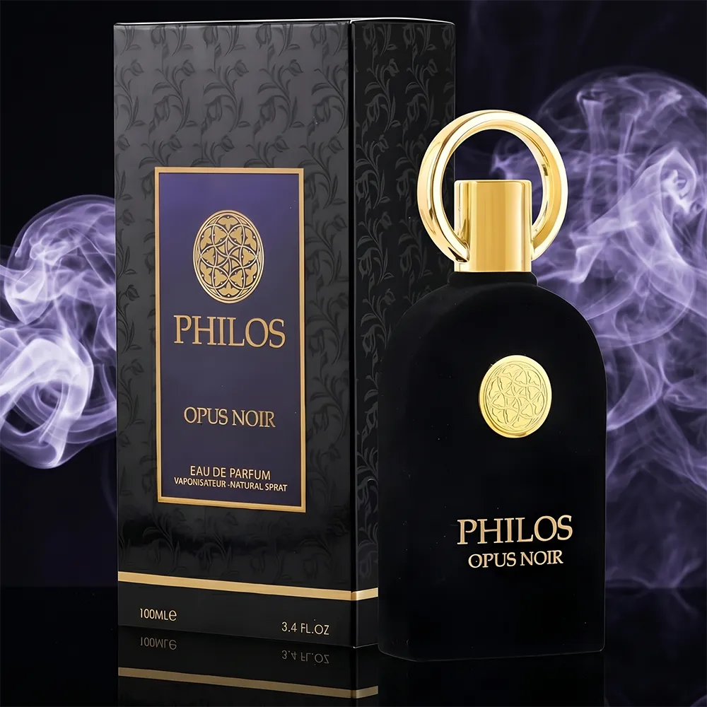 Maison Alhambra Philos Opus Noir unisex perfume set featuring the 100ml bottle and box with aromatic smoke backdrop.