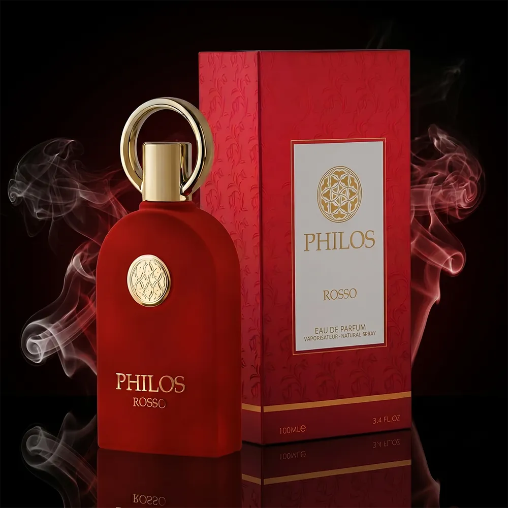 Maison Alhambra Philos Rosso 100ml EDP set for women with luxury red bottle and box.