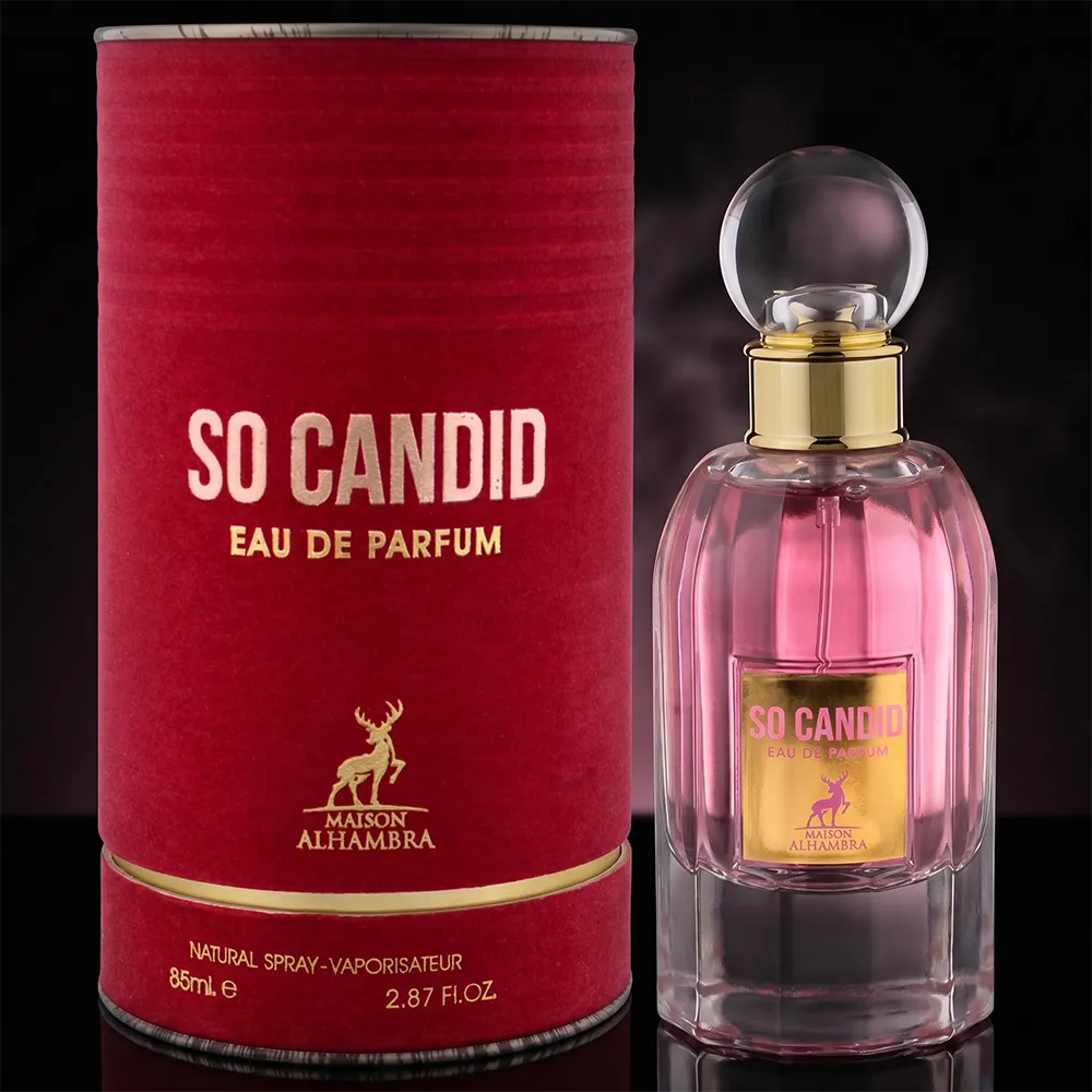 Full set of Maison Alhambra So Candid Eau de Parfum for ladies featuring the bottle and original decorative packaging.