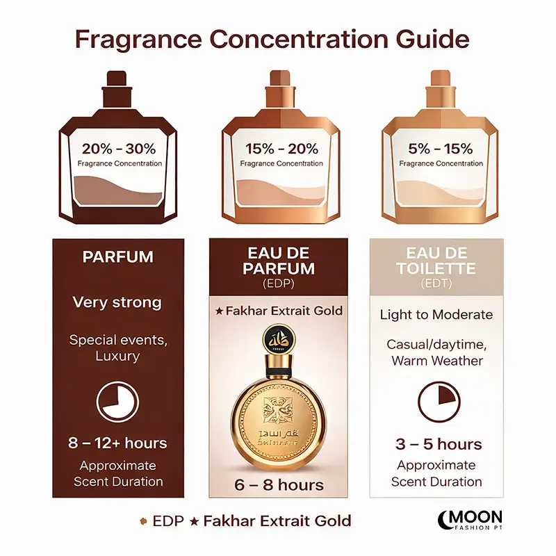 Educational guide explaining the fragrance strength and concentration of this Lattafa Fakhar Eau de Parfum.