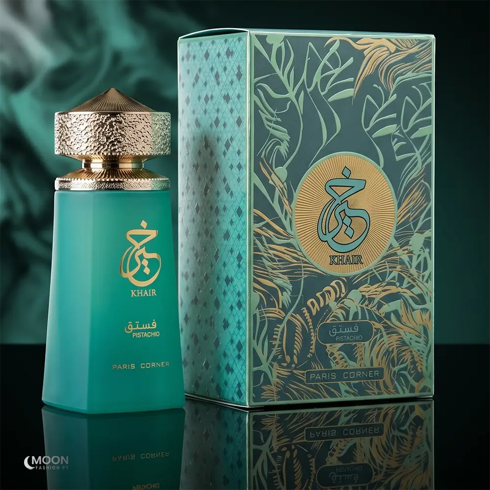 Luxury gold cap bottle and decorative box of Khair Pistachio unisex EDP, perfect for high-end fragrance gifting.
