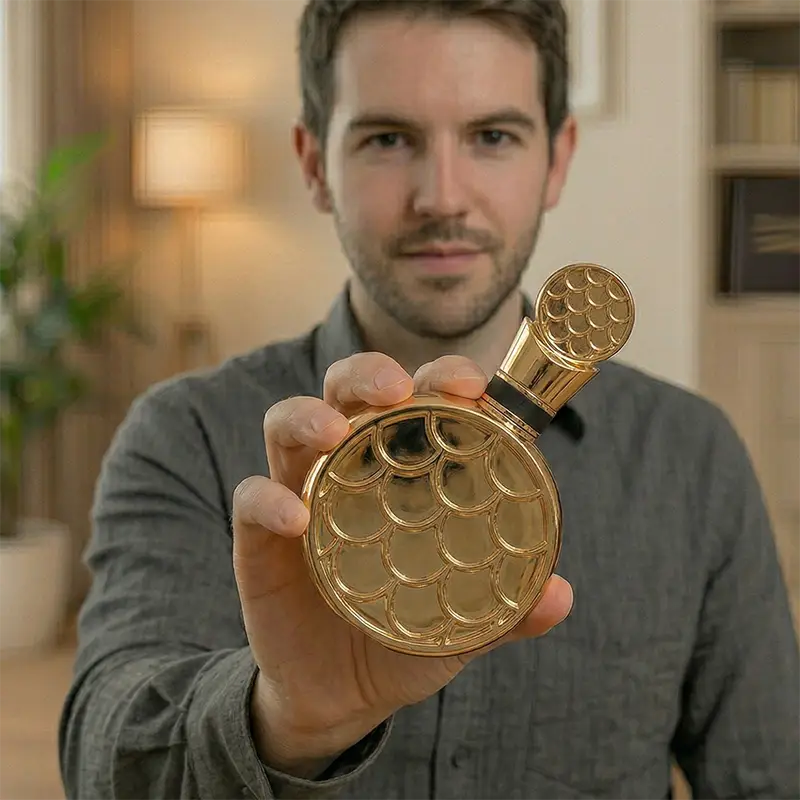 Back view showing the intricate texture and design details of the Lattafa Fakhar perfume bottle.