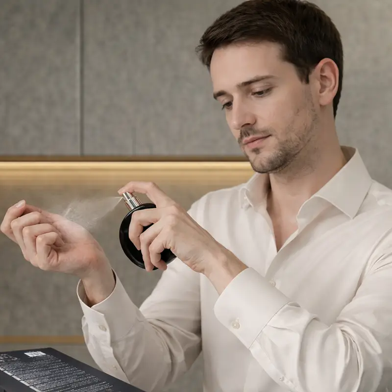 Man applying Lattafa Fakhar Eau de Parfum spray on wrist for daily fragrance use