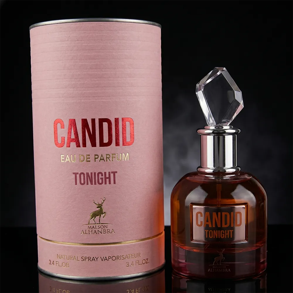 Maison Alhambra Candid Tonight perfume for women including the spray bottle and pink cylindrical box.